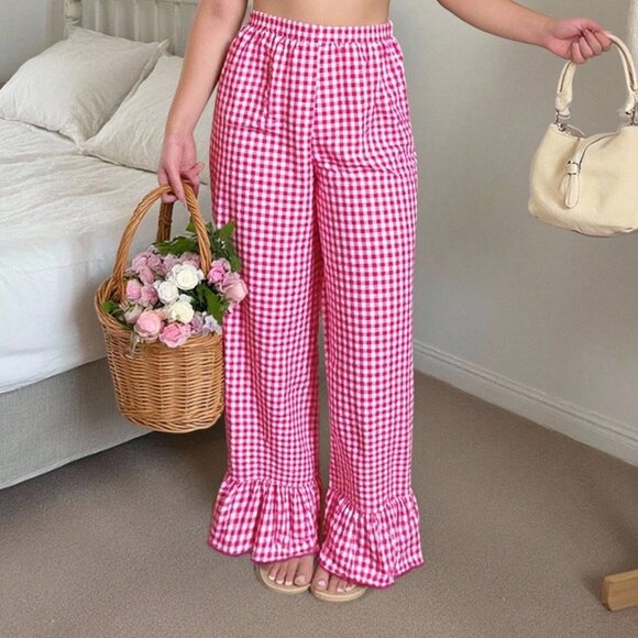 Hot Pink Casual Women's Loose Gingham Pants - Picture 2 of 5